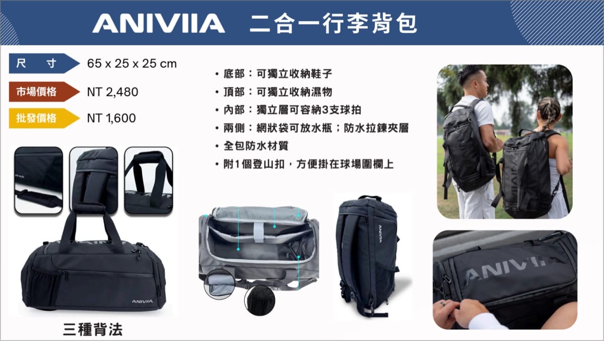 ANIVIIA 二合一行李背包照片型錄，標示 65×25×25 cm、NT$ 2,480、三種背法、獨立鞋室濕物層與三支球拍隔層