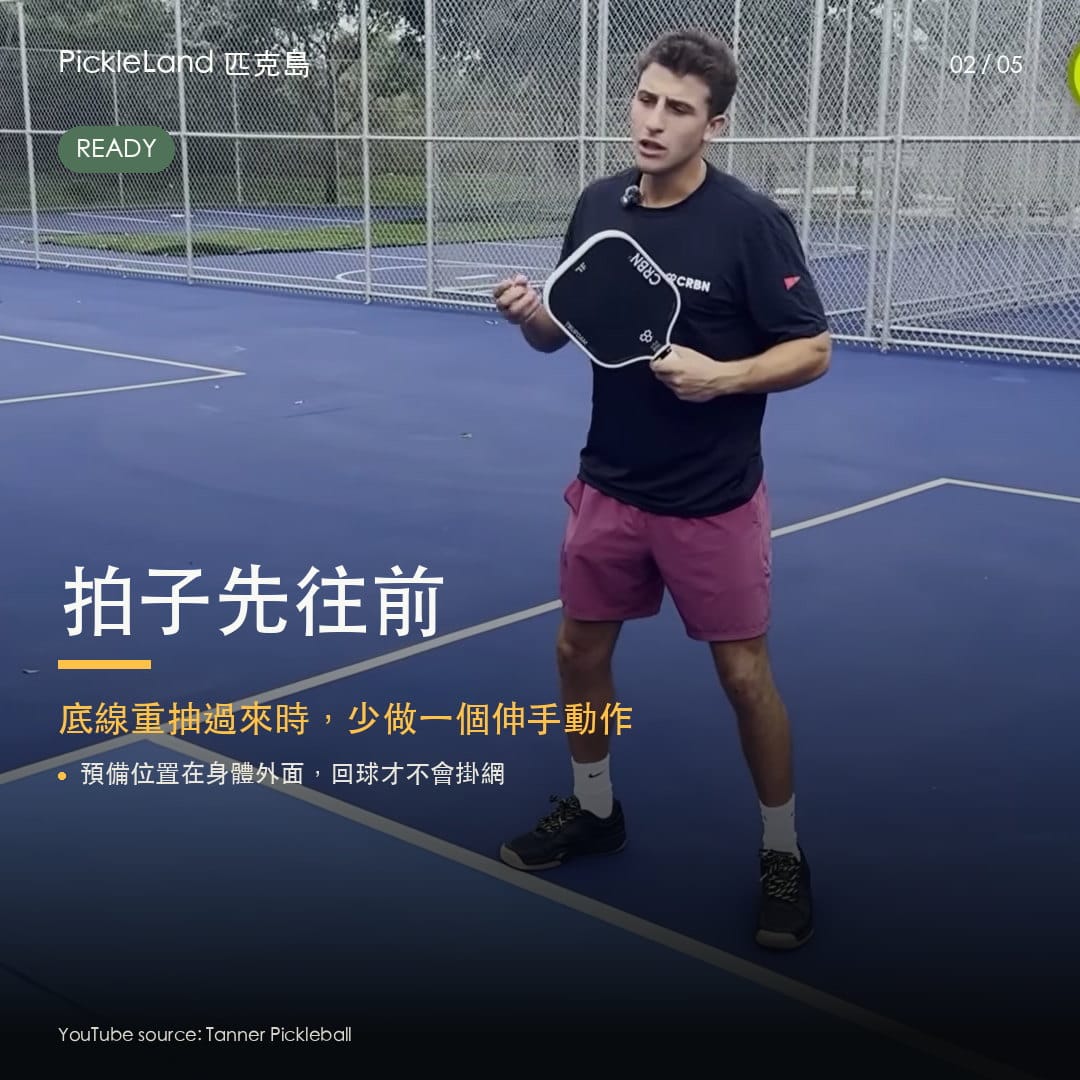 廚房線面對底線重抽時，拍子預備位置要往前。（PickleLand 訓練圖卡）