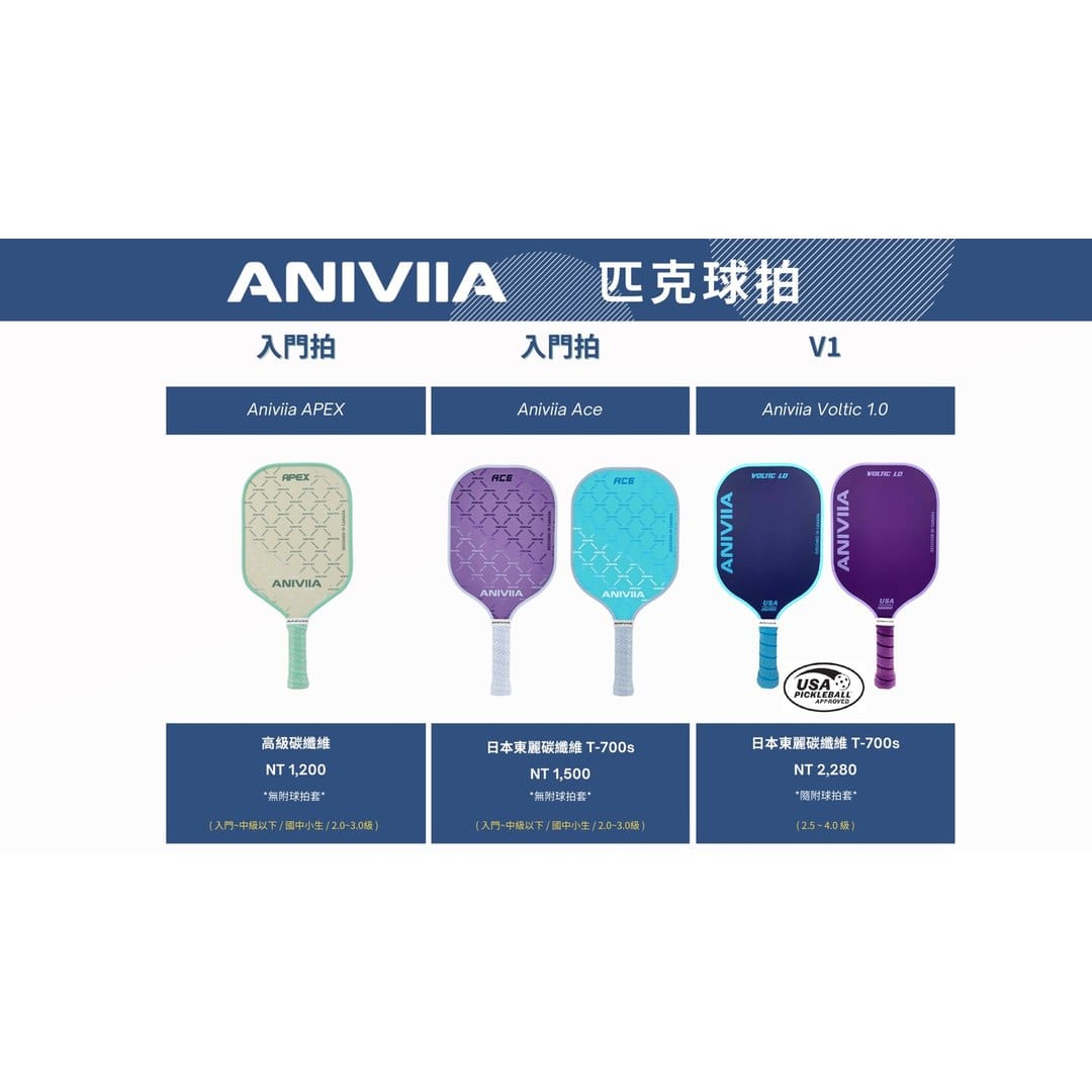 ANIVIIA 2026 入門到中階球拍型錄頁，包含 APEX、Ace 與 Voltic 1.0 的價格與定位
