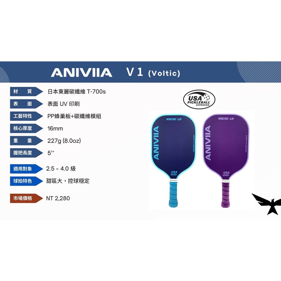 ANIVIIA Voltic 1.0 型錄頁，列出 Toray T700s、16mm、甜區大、控球穩定與 NT$2,280