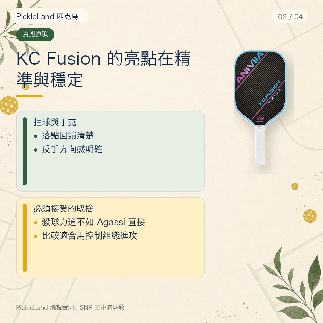 PickleLand KC Fusion 編輯評分卡,重點放在控球與反手丁克精準度