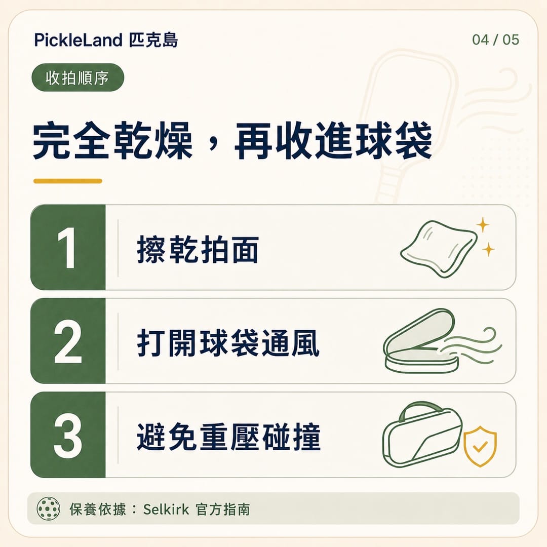 PickleLand 收拍順序圖卡，擦乾拍面、打開球袋通風並避免重壓碰撞，完全乾燥後再收進球袋
