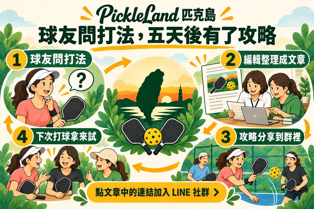 四個圓形場景以箭頭連成循環:球友先提問,編輯整理成文章,攻略分享到群裡,再帶到球場試用;中央是台灣輪廓、球拍與匹克球,底部提示可點文章連結加入 LINE 社群。
