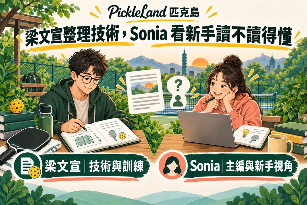 球場旁兩張工作桌,梁文宣在左側筆記技術與訓練內容,Sonia 在右側使用筆電並以新手視角檢查文章;兩人中間浮著文章頁面與問號人物圖示。