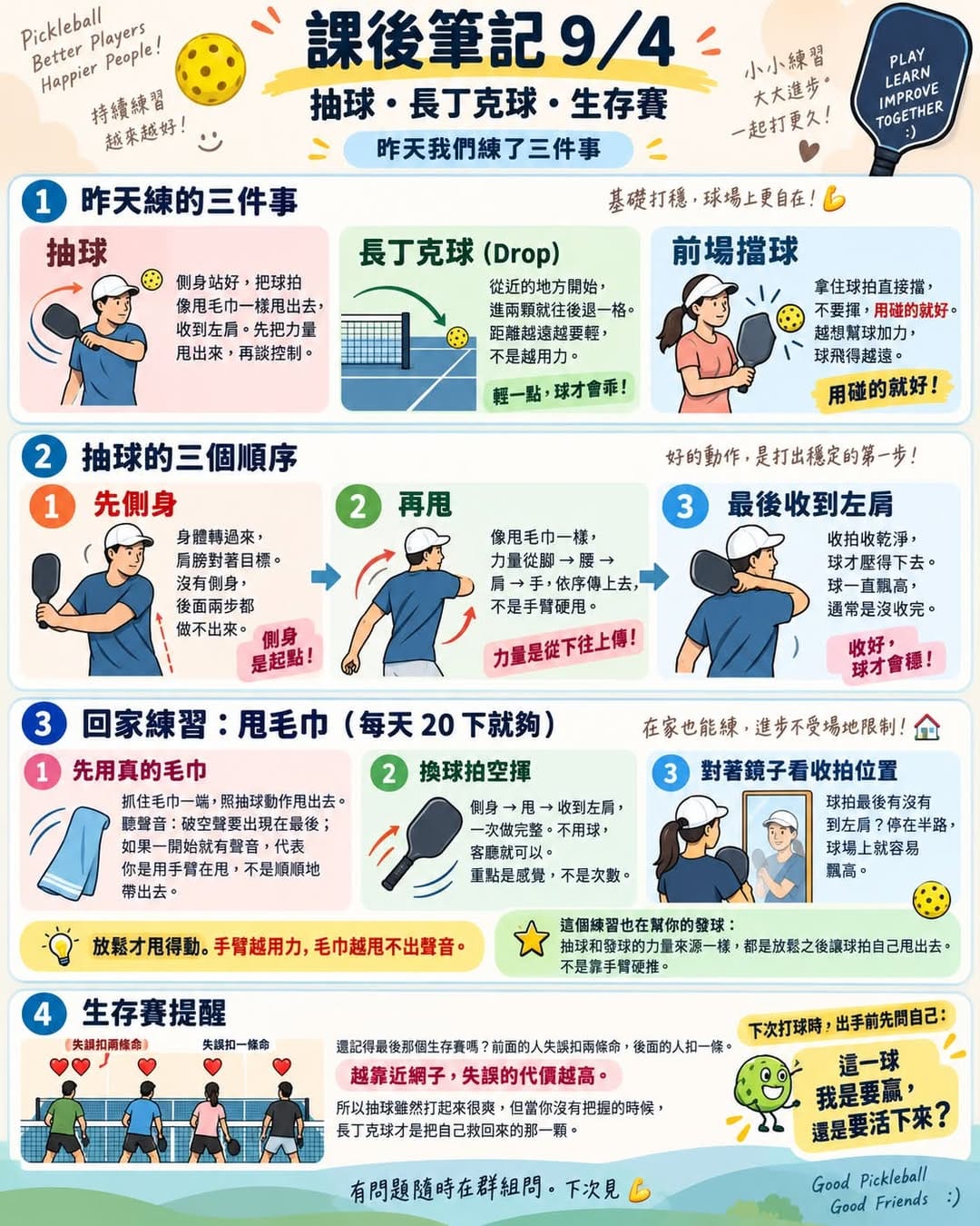 9/4 第三拍訓練營課後筆記：抽球、長丁克球、甩毛巾練習與生存賽