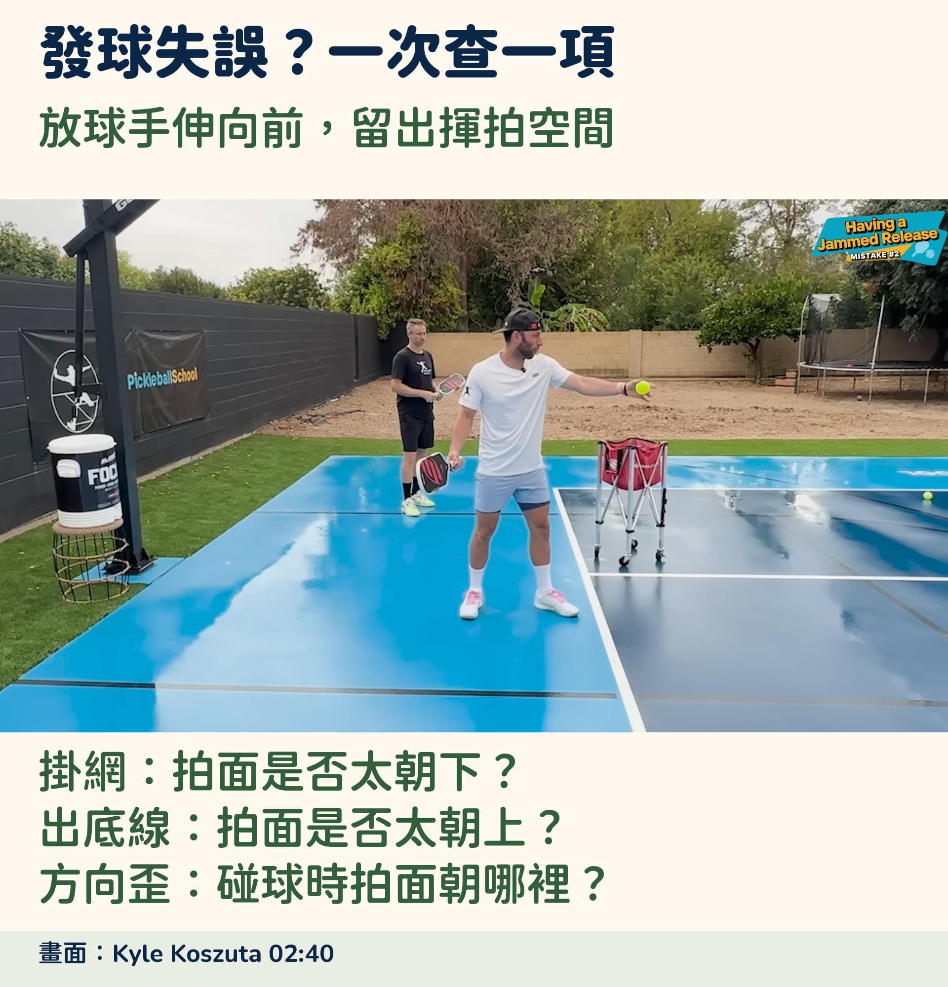 Kyle Koszuta 把放球手伸到身前的修正示範，搭配匹克島掛網、出底線與方向偏移的拍面檢查問句。