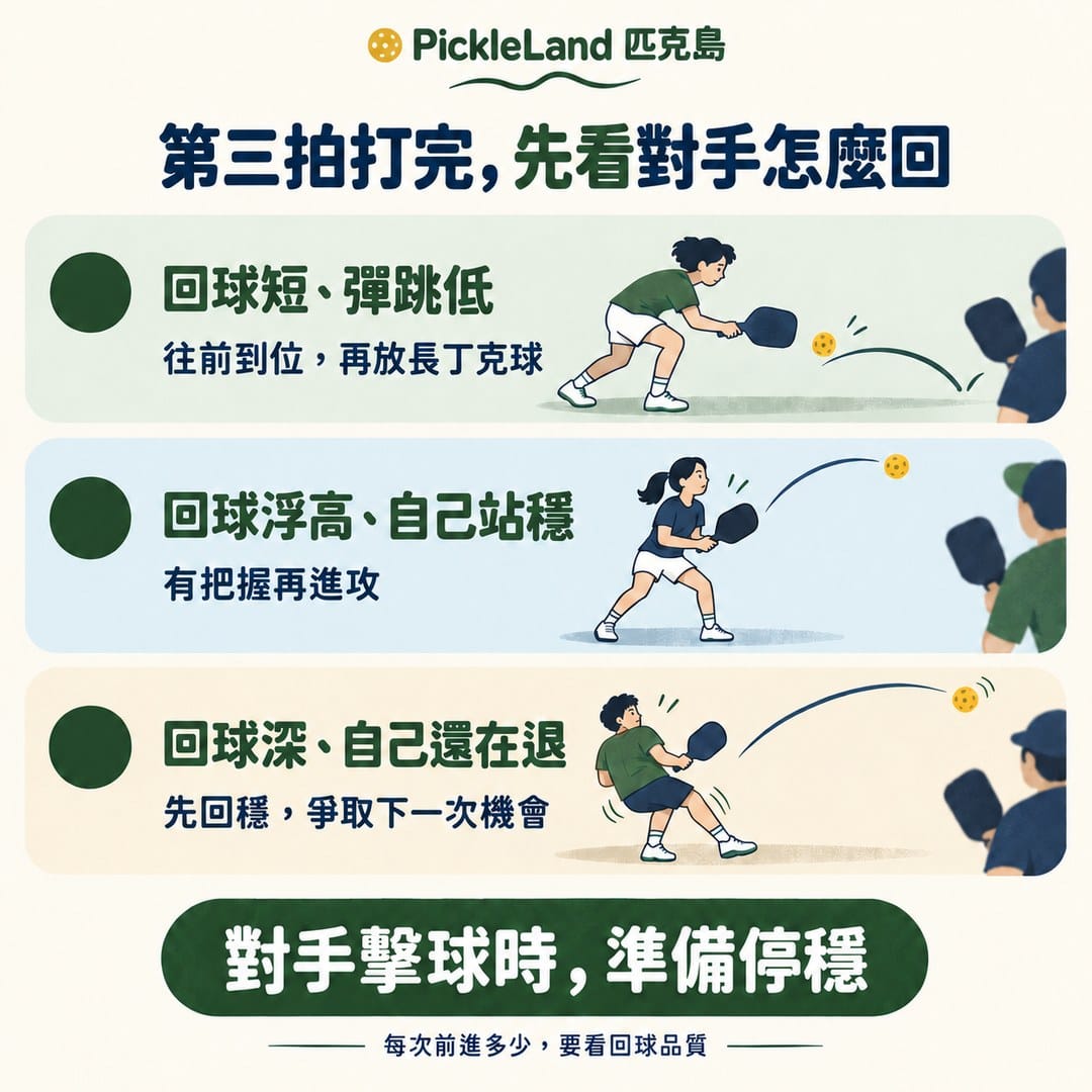 第三拍後依回球短低、浮高或深球，調整下一拍與前進時機