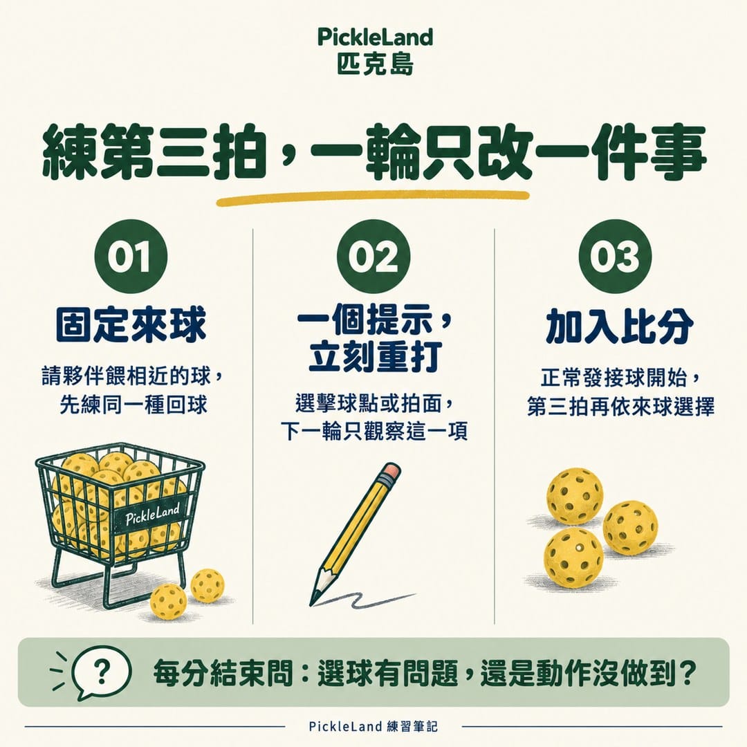固定來球、單一提示重打，再加入比分的第三拍練習步驟