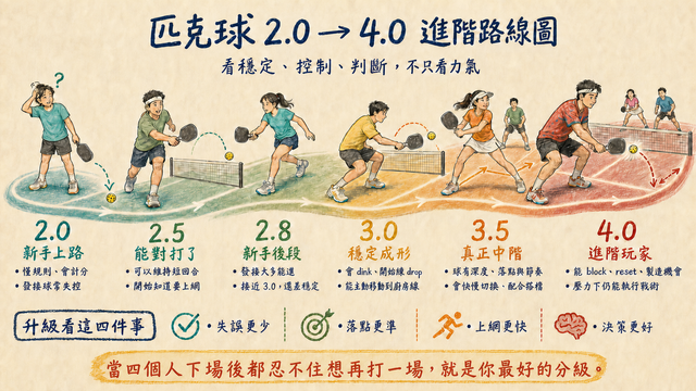 匹克球分級怎麼看?2.0~5.0 程度、自評與 DUPR 指南