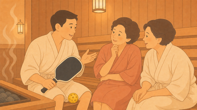 日系復古療癒扁平插畫呈現桑拿房裡一名男子向兩位中高齡女性介紹匹克球,旁邊放著球拍與黃色有孔匹克球
