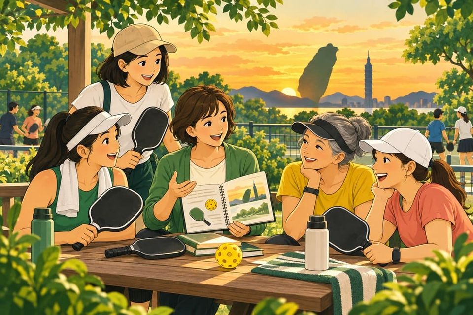 PickleLand 匹克島 LINE 社群:一起交流、閱讀攻略與練習匹克球的品牌示意插畫